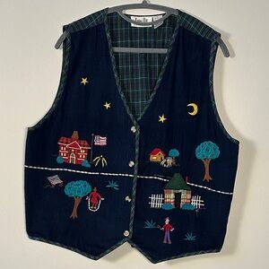 Vtg Plaid Lined Embroidered Corduroy Cottagecore School Teacher Vest XL Cotton